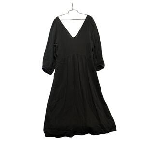 Madewell Gauzy Cotton Black V-Neck Midi Dress  3/4 Sleeves Cutout Back L